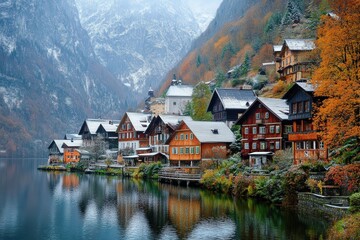 Fototapeta premium Autumn Village Lakeside Scenic View in the Mountains