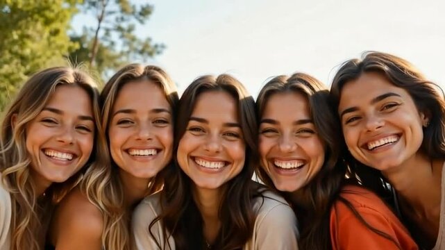 A group of five smiling young women poses closely together outdoors, radiating happiness and joy against a natural backdrop.