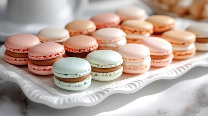 Obraz premium A delicious assortment of macarons in pastel colors laid out on a beautiful plate, inviting indulgence while showcasing culinary art and French pastry mastery.