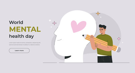 Man Drawing Heart Inside Human Head, Symbolizing Self-Love, Positive Thinking, Emotional Support. Mental Health Awareness Concept for World Mental Health Day. Vector Flat illustration for Landing page