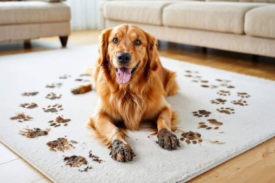 Golden retriever dog leaving muddy paw prints on carpet