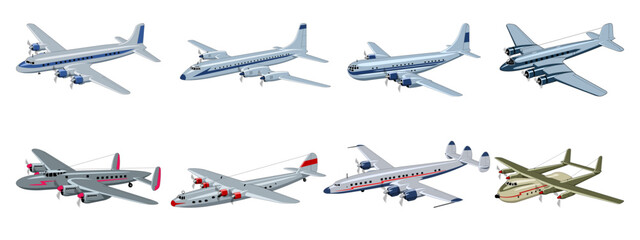 Vintage Airliner Planes. Passenger and Cargo Aircraft. Vector cliparts isolated on white.