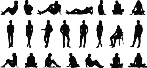 Silhouettes of men and women sitting, standing, relaxing in casual poses, perfect vector illustration for lifestyle, design, or creative projects