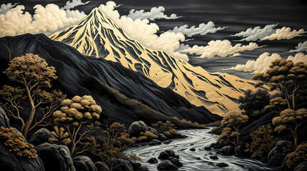Marvelous Landscape Image - Majestic Gold-Accented Mountain Looms Over Flowing River Beneath Dramatic, Moody Sky, Evoking Epic Power.