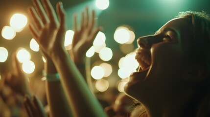 Crowd cheers and laughs at a concert.