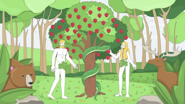 Adam and Eve in Eden garden near good evil knowledge tree 2D cartoon animation. Bible story. Forbidden fruit temptation serpent animated flat bible characters 4K video background scene storytelling