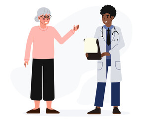 Obraz premium Elderly woman talking to African American doctor - flat design illustration with cartoon characters. A pensioner talks to a doctor, receiving advice. Medical care and consultation, treatment concept.
