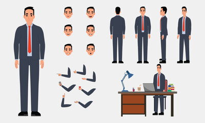 Business man character constructor for animation. Front, side and back view set. Body parts, postures, poses collection. Vector illustration.