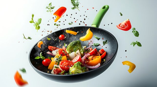 Colorful Vegetables Tossed in Frying Pan, with ingredients like tomatoes, peppers, and herbs in mid-air, creating a sense of motion and freshness