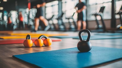 Kettlebell and weights on exercise mats in a gym.