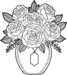 Black and White Rose silhouette Bouquet in Vase Line Art – Floral Coloring Page | Beautiful Rose Bouquet in Ornate Vase Line Drawing | clipart
