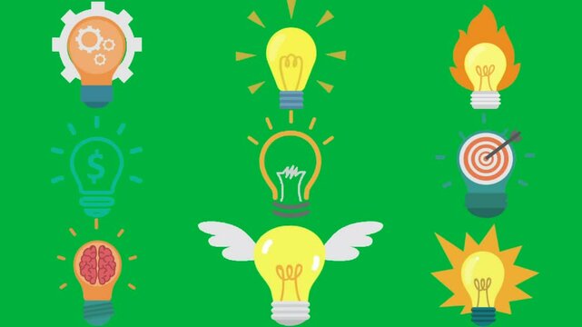 green screen white background light bulb gears inside it arrow middle brain angel wings yellow silhouette person small object image dart animated chromakey background.