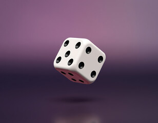 A white die with black dots rolling and levitating.
