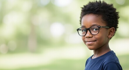 
7 year old boy, afro, wearing glasses, standing confidently, blurred background