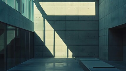 Interior concrete architectural space with dramatic shadows.