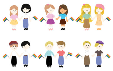  Cute cartoon illustration of a female and male couple, holding hands and small rainbow pride flags