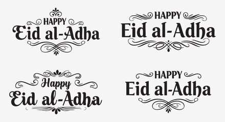 Happy Eid al-Adha Typography Set Black and White Islamic Calligraphy Vector