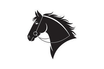 Horse head vector silhouette illustration showing a running stallion with flowing mane in black and white style