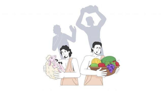 Cain and Abel 2D animation. Bible story. Old testament. Brothers with offerings, first biblical murder silhouette animated bible characters cartoon flat concept metaphor 4K video isolated on white