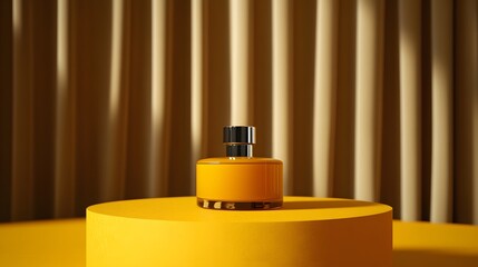 Stylish yellow perfume bottle on a round display podium.