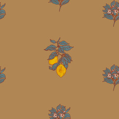 Cozy brown provence pattern. Fruit trees summer texture. Oriental asian botanical print. Lemon illustration