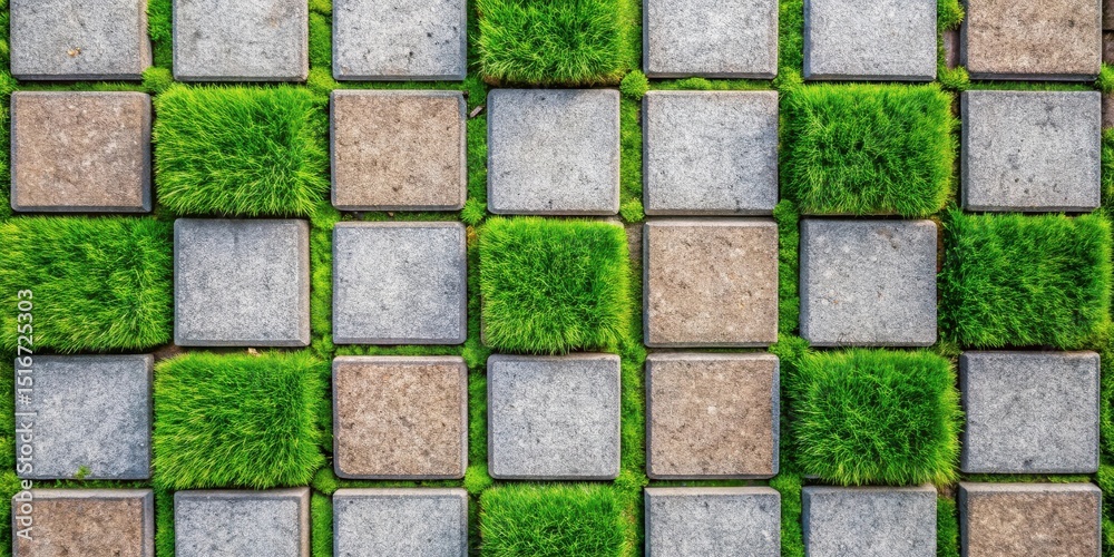 Poster Alternating Pattern of Green Grass and Stone Blocks Creates a Serene and Textured Landscape Design