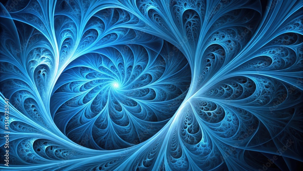 Poster Abstract swirling fractal design featuring intricate blue patterns, a captivating visual representation of complex mathematical structures, showcasing a mesmerizing interplay of light and shadow.