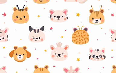 PrintCute Cartoon Animals for Kids, Baby nursery decor, Colorful animal illustrations, Seamless pattern_02