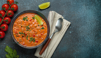Authentic Brazilian moqueca de camarao, a rich seafood stew with shrimp, tomatoes, peppers, and lime, garnished with parsley and served in a rustic bowl on dark blue background, copy space