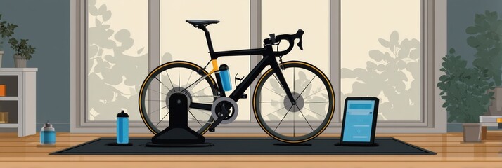 Indoor Cycling Setup Featuring a Bicycle, Tablet for Tracking Performance, and Water Bottle in a Well-Lit Space