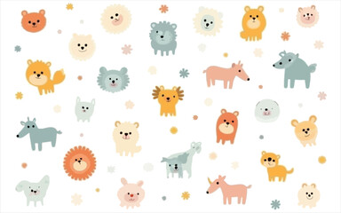 Fototapeta premium PrintCute Cartoon Animals for Kids, Baby nursery decor, Colorful animal illustrations, Seamless pattern. Perfect for children’s products, baby textiles, nursery wallpaper, wrapping paper.