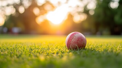 Cricket ball resting on a grassy field at sunset.