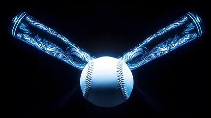 Illuminated baseball bat and ball against a dark background.