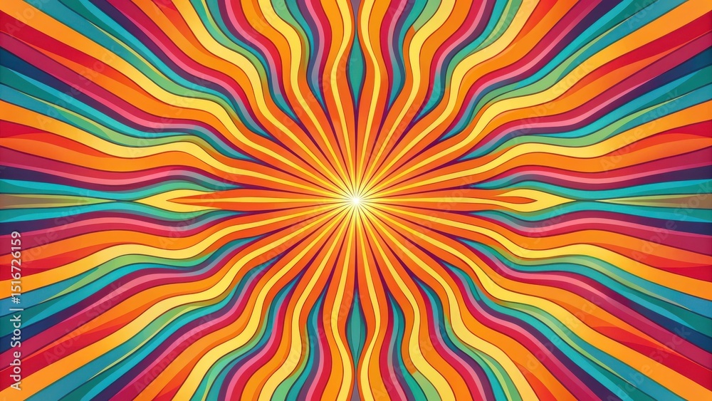 Poster Vibrant Rainbow Burst Abstract Design with Wavy Lines and a Central Radiating Light Source