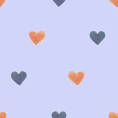 Seamless watercolor pattern with gray and orange hearts on lilac blue