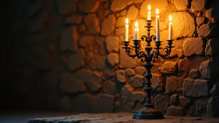 A black metal candlestick with lit candles placed on a stone surface.