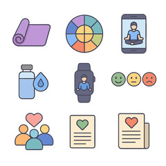 Employee Wellness Icons. Flat icon set of employee wellness programs: yoga mat, wellness wheel, guided