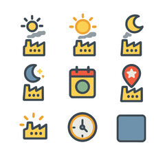 Factory Work Shift Icons. Flat icon set of factory work shifts overview: morning sun icon, afternoon light,