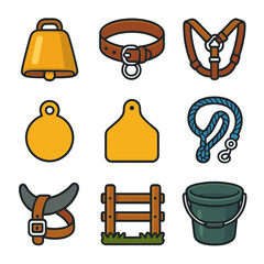 Farm Animal Accessories Icons. Flat icon set of farm animal accessories: cow bell, sheep collar, goat harness,