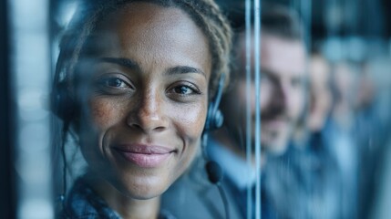 Support center interaction friendly agents assisting clients in modern office environment