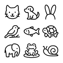 Obraz premium Cute Animal Icons. Outline icon set of cute animal crayon drawings: kitten face, puppy silhouette, bunny ears, bird on branch,