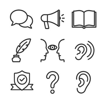 Honest Communication Icons. Outline icon set of honest communication: speech bubbles, megaphone, open book, quill pen, eye contact