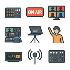 Live TV Icon Set. Flat icon set of live TV production: vision mixer, on-air light, multi-cam screen,