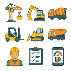 Heavy Machinery Icons. Flat icon set of heavy machinery management: crane in use, excavator, concrete mixer,
