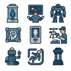 High-Tech Space Icons. Flat icon set of high-tech space facility equipment: cryogenic chamber, VR mission
