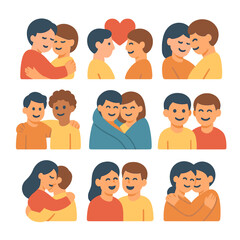 Heartfelt Hug Icons. Flat icon set of getting a good hug from someone you care about: warm embrace, heart