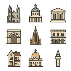 Fototapeta premium Historical Architecture Icons. Flat icon set of historical architecture styles: gothic cathedral, baroque dome