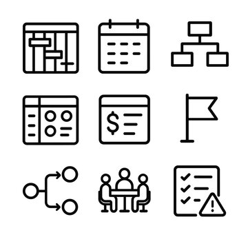 Project Planning Icons. Outline icon set of project planning: Gantt chart, calendar timeline, work breakdown structure, resource