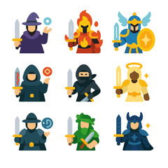 Magical Warrior Icons. Flat icon set of sword-wielding magical heroes: sorcerer knight, elemental warrior,