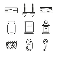 Rustic Bookshelf Icons. Outline icon set of rustic wooden bookshelf: reclaimed plank, rope accent, metal pipe bracket, distressed